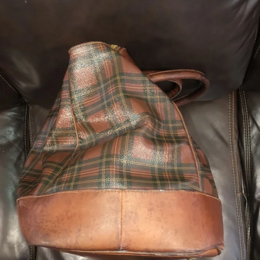 RALPH LAUREN Brown Green Top Handle Tartan Plaid Boston Duffle Travel Bag 55cm